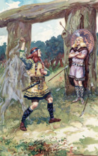 The 1913 caption reads"": Hodur took mistle toe from Loki and Loki guided his arm and hurled it at