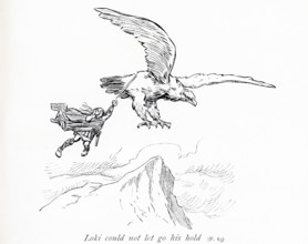 The early 1900s caption reads: Loki could not let go his hold"" of the eagle. Loki is the