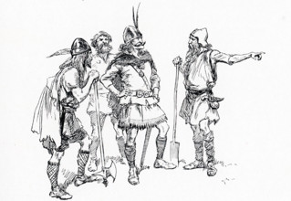 The early 1900s caption reads: ""Gunnhild's messengers came to Thorstein."" The historical Gunnhild