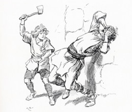 Olaf Tryggvison smote him on the head with the little axe - the man had killed Thorolf, his