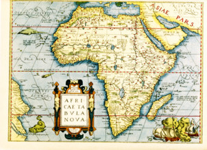 Map of Africa - the inset in lower left titles it: Africa tabula Nova. Below that is the date 1570