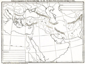 This geographical and historical outline map shows the Eastern world from Greece to Egypt to India.