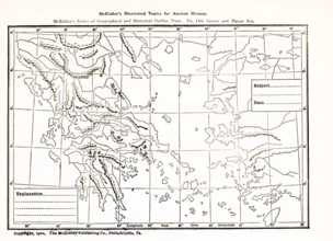 This geogrpahical and historical outline maps shows Greece and the Aegean Sea area.