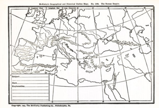 This geographical and historical outline map focuses on the area that was known as the Roman Empire