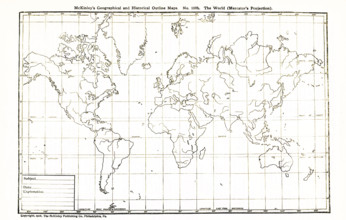 This geographical and historical outline map shows the world according to Mercator's Projection.