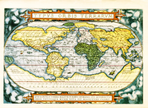 The text at the top of this world map by Abraham Ortelius reads: Typus Orbis Terrarum (Map of the