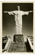 This 1930s postcard shows the Christ the Redeemer statue that stands atop Corcovado in Rio de