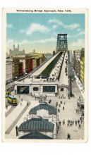 This 1930s postcard shows the approach to Williamsburg Bridge in New York City. The bridge is a