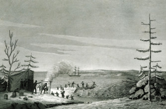 This image shows the landing of the Pilgrims in 1620. Their ship, the Mayflower, can be seen