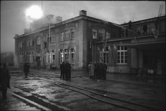 Fire brigade at fire in refrigerator factory, Arbon 1962.
