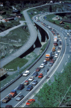 Line of cars on Gotthard motorway 1986.