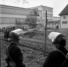 People after blasting of high chimney, Winterthur 1965.