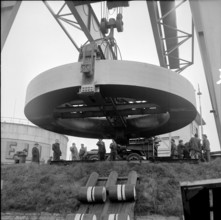 CERN-Cyclotron solenoid at transfer in Basel harbour 1955.