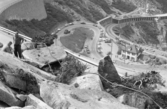 Blasting after rock slip, Gotthard pass road 1969.