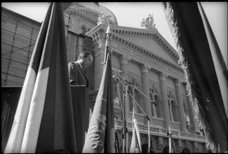 Federal Council Tschudi speaking at May Day rallies in Berne 1973.