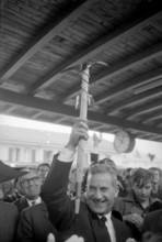 Roger Bonvin, newly elected federal councillor at Martigny railway station; 1962.