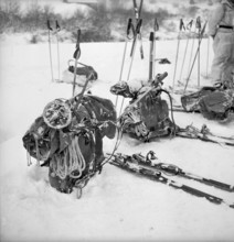 Military backpack with skis, Andermatt 1949.