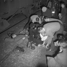 Simulated train crash for practising first aid, 1955.