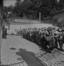 Call-up, soldiers assemble for service; 1939.