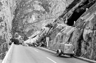 Blasting after rock slip, Gotthard pass road 1969.