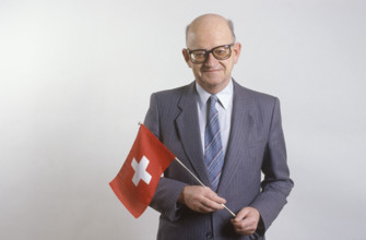 Alphons Egli with Swiss flag, 1986.
