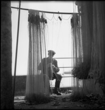 Fisherman at Lake Geneva repairing the net 1945.