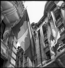 May 8th. 1945: Armistice's day in Lausanne, buildings with flags.