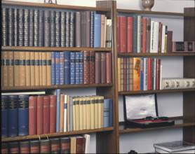Bookshelves, books in Rudolf Gnagi's home, 1979.