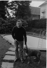 Golo Mann with his dog and a pipe, 1974.