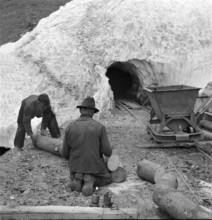 Valais, Miners; mine car; tree trunk; Goltschried coal mine; 1941.