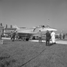 Swiss fighter plane P16 at test flight, Altenrhein 1955.