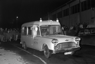 Ambulance in front of the Hallenstadion during monster concert 1968.