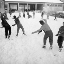 Snowball fight, battle at schoolyard, Zurich-Wiedikon 1955.