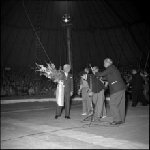 Charles Chaplin with his double Charlot at Circus Knie, 1954.