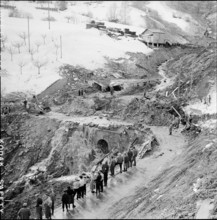 Avalanche in Nendaz, people looking at the devastation; 1957