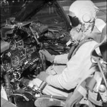 Military pilot in open cockpit, Dübendorf 1957
