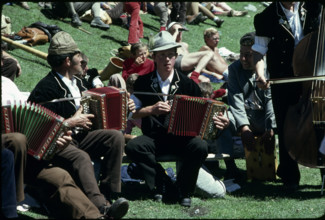 Folk music band at the sheep festival, Gemmi pass 1980