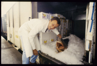 Guilio Bianchi controls the transport of fish, Comestible Bianchi, Zurich 1984