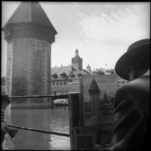 Painter in front of Kapellbrücke, Lucerne 1953