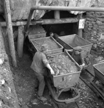 coal mine; miners pushing mine cars; 1942