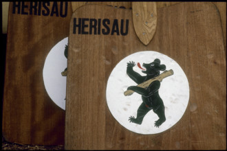 Hornussen festival 1988: decorated boards, board, bats, bat