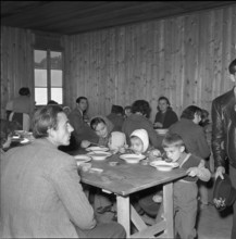 Hungarian refugees eating soup, Buchs 1956