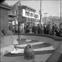 Money drive in fountain trough for help in Hungary, Zurich 1956