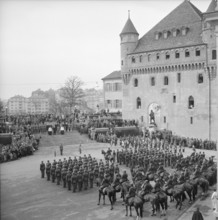 Military ceremony on castle square Lausanne 1956