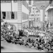 Ludwig von Moos, newly elected federal councilor giving an address; 1959
