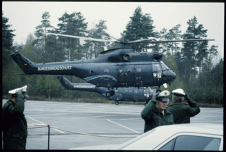 Army helicopter landing, concentration camp Bergen-Belsen 1985