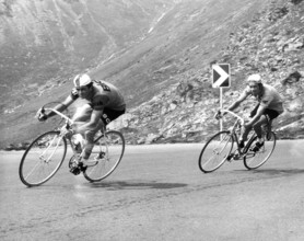 Tour de Suisse 1972: Dancelli and overall winner Pfenninger climbing the Nufenen pass