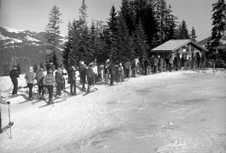 Queuing at the ski lift in Gstaad, 1972