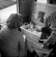 Refugees from Hungary in train of Red Cross: physician with baby 1956