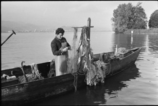 Professional fisherman at work on Lake Zurich 1971